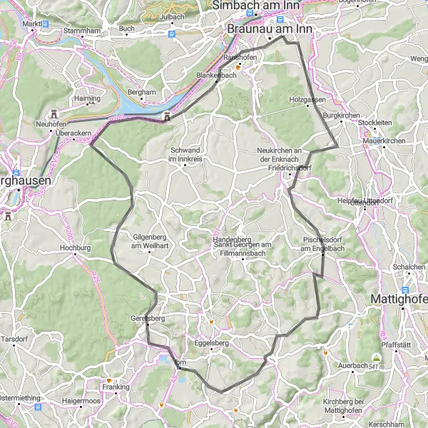 Zemljevid v pomanjšavi "Vznemirljiv cestni krog skozi slikovite pokrajine" kolesarske inspiracije v Oberösterreich, Austria. Generirano z načrtovalcem kolesarskih poti Tarmacs.app