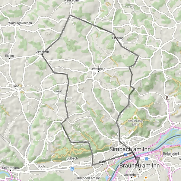 Kartminiatyr av "Braunau am Inn Bike Tour" sykkelinspirasjon i Oberösterreich, Austria. Generert av Tarmacs.app sykkelrutoplanlegger
