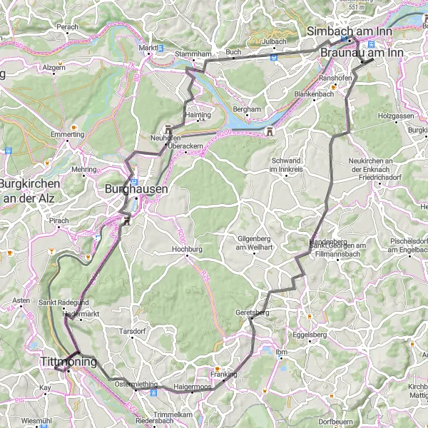 Miniature de la carte de l'inspiration cycliste "Boucle de la Haute-Inn" dans la Oberösterreich, Austria. Générée par le planificateur d'itinéraire cycliste Tarmacs.app