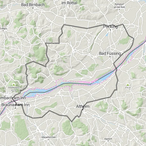 Miniaturní mapa "Cyklotrasa skrz Simbach am Inn a Braunau am Inn" inspirace pro cyklisty v oblasti Oberösterreich, Austria. Vytvořeno pomocí plánovače tras Tarmacs.app