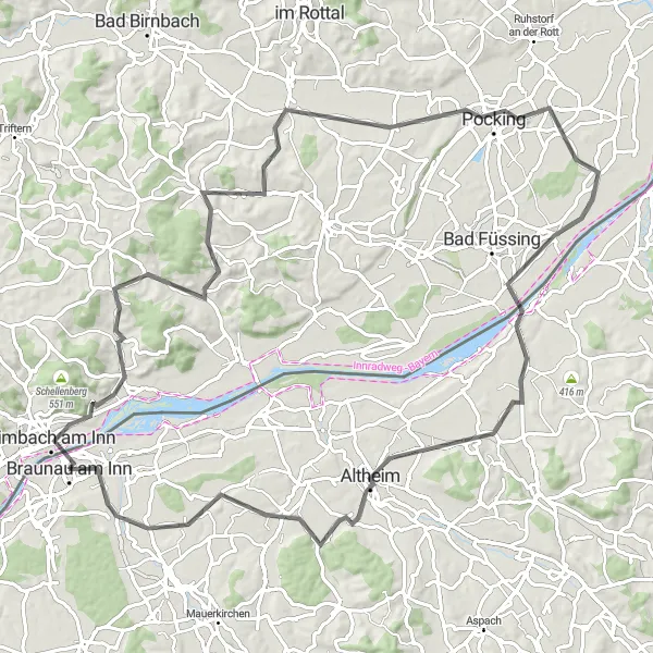 Kartminiatyr av "Simbach am Inn till Braunau am Inn äventyr" cykelinspiration i Oberösterreich, Austria. Genererad av Tarmacs.app cykelruttplanerare