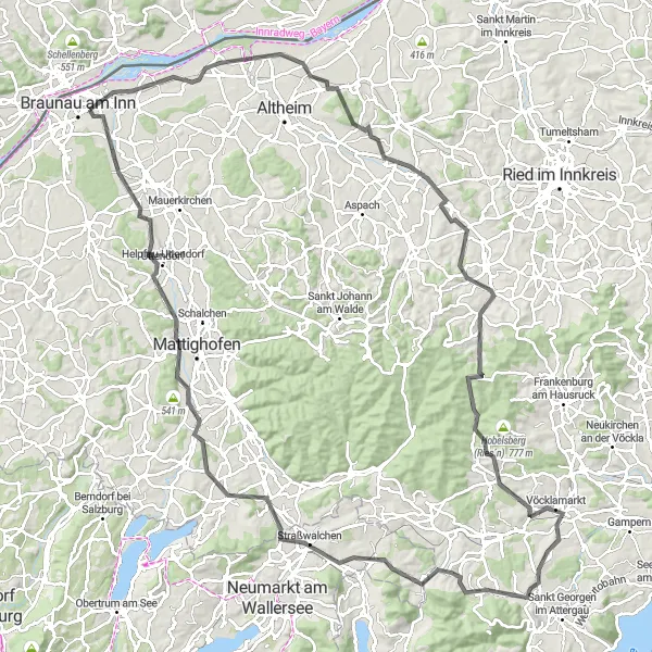 Miniatuurkaart van de fietsinspiratie "Wegroute langs diverse hoogtepunten in Innviertel" in Oberösterreich, Austria. Gemaakt door de Tarmacs.app fietsrouteplanner