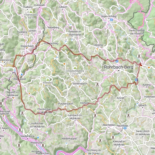 Map miniature of "The Mühl Cycle: Exploring Gravel Paths and Scenic Route from Haslach an der Mühl" cycling inspiration in Oberösterreich, Austria. Generated by Tarmacs.app cycling route planner
