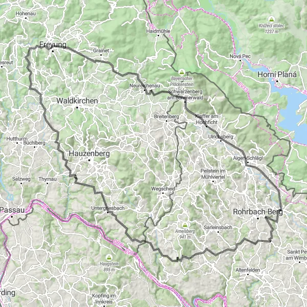 Miniatua del mapa de inspiración ciclista "Ruta de bicicleta de carretera por la región de Mühlviertel" en Oberösterreich, Austria. Generado por Tarmacs.app planificador de rutas ciclistas
