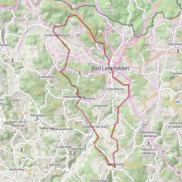 Map miniature of "Hellmonsödt Gravel Adventure" cycling inspiration in Oberösterreich, Austria. Generated by Tarmacs.app cycling route planner