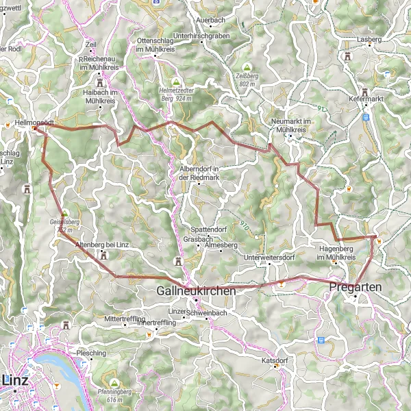 Karttaminiaatyyri "Haibach im Mühlkreis Gravel Loop" pyöräilyinspiraatiosta alueella Oberösterreich, Austria. Luotu Tarmacs.app pyöräilyreittisuunnittelijalla