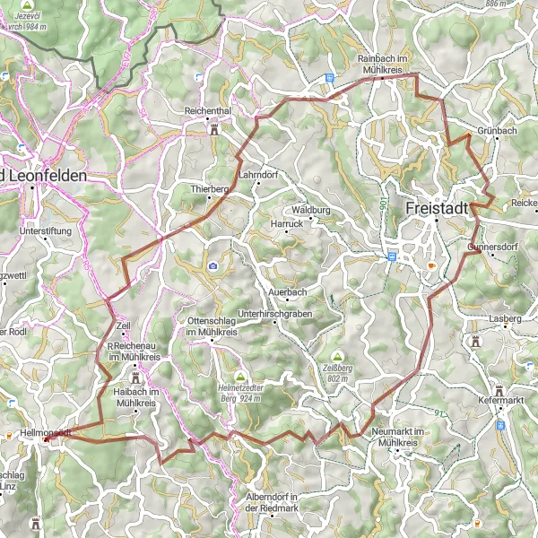 Miniatura della mappa di ispirazione al ciclismo "Giro in mountain bike da Hellmonsödt a Haibach im Mühlkreis" nella regione di Oberösterreich, Austria. Generata da Tarmacs.app, pianificatore di rotte ciclistiche