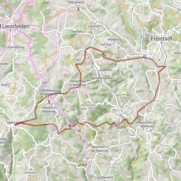Kartminiatyr av "Grussykling gjennom Ottenschlag im Mühlkreis og Marreith" sykkelinspirasjon i Oberösterreich, Austria. Generert av Tarmacs.app sykkelrutoplanlegger
