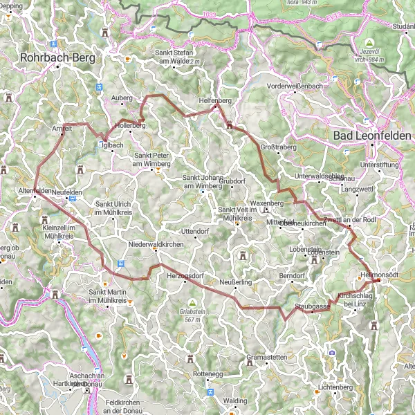 Miniatua del mapa de inspiración ciclista "Ruta de Grava alrededor de Hellmonsödt" en Oberösterreich, Austria. Generado por Tarmacs.app planificador de rutas ciclistas