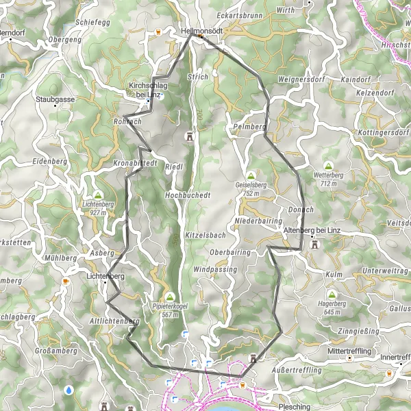 Miniaturní mapa "Cyklistická trasa okolo Hellmonsödtu" inspirace pro cyklisty v oblasti Oberösterreich, Austria. Vytvořeno pomocí plánovače tras Tarmacs.app