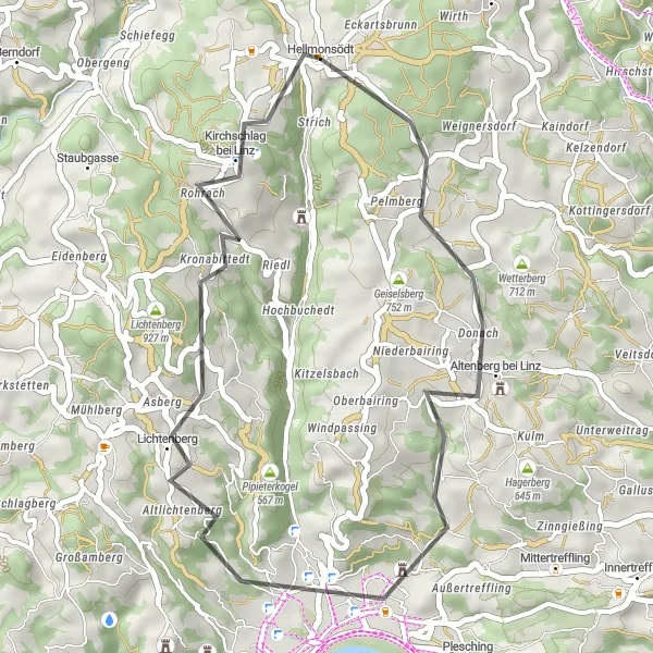 Kartminiatyr av "Vägcyklingstur runt Linz" cykelinspiration i Oberösterreich, Austria. Genererad av Tarmacs.app cykelruttplanerare