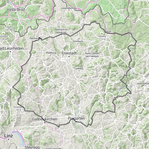 Miniatura mapy "Wyzwania na szosie wśród alpejskich krajobrazów" - trasy rowerowej w Oberösterreich, Austria. Wygenerowane przez planer tras rowerowych Tarmacs.app
