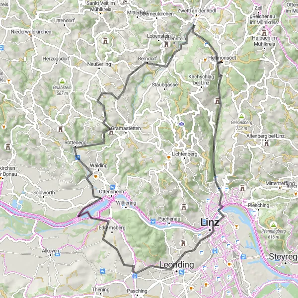 Miniatua del mapa de inspiración ciclista "Vueltas por carretera de Hellmonsödt" en Oberösterreich, Austria. Generado por Tarmacs.app planificador de rutas ciclistas