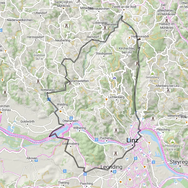 Miniatuurkaart van de fietsinspiratie "Road trip van Linz naar Hellmonsödt" in Oberösterreich, Austria. Gemaakt door de Tarmacs.app fietsrouteplanner