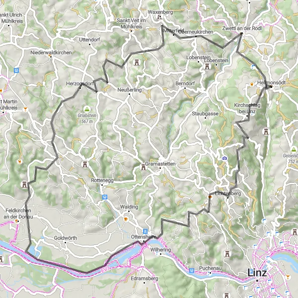 Karttaminiaatyyri "Hellmonsödt to Zwettl an der Rodl Road Tour" pyöräilyinspiraatiosta alueella Oberösterreich, Austria. Luotu Tarmacs.app pyöräilyreittisuunnittelijalla