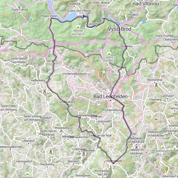 Miniatura della mappa di ispirazione al ciclismo "Tour in bicicletta da Zwettl an der Rodl a Bad Leonfelden" nella regione di Oberösterreich, Austria. Generata da Tarmacs.app, pianificatore di rotte ciclistiche