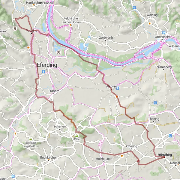 Miniatuurkaart van de fietsinspiratie "Gravelroute Hörsching-Oftering-Hinzenbach" in Oberösterreich, Austria. Gemaakt door de Tarmacs.app fietsrouteplanner