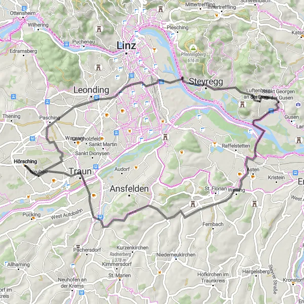Kartminiatyr av "Hörsching Loop" sykkelinspirasjon i Oberösterreich, Austria. Generert av Tarmacs.app sykkelrutoplanlegger