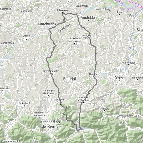 Karttaminiaatyyri "Historic Circuit from Hörsching to Pucking" pyöräilyinspiraatiosta alueella Oberösterreich, Austria. Luotu Tarmacs.app pyöräilyreittisuunnittelijalla