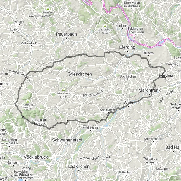 Karttaminiaatyyri "Hörsching - Marchtrenk - Burg Wels Circuit" pyöräilyinspiraatiosta alueella Oberösterreich, Austria. Luotu Tarmacs.app pyöräilyreittisuunnittelijalla