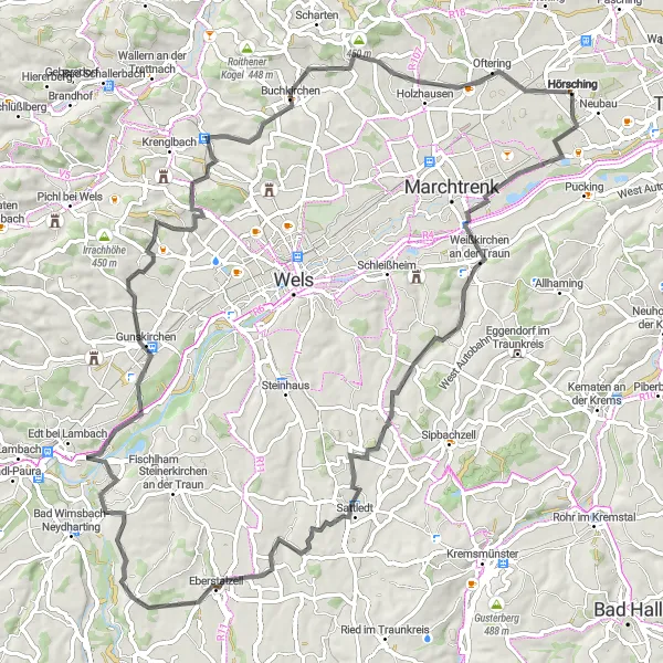 Miniatuurkaart van de fietsinspiratie "Wegroute Weißkirchen an der Traun-Eberstalzell-Gunskirchen" in Oberösterreich, Austria. Gemaakt door de Tarmacs.app fietsrouteplanner