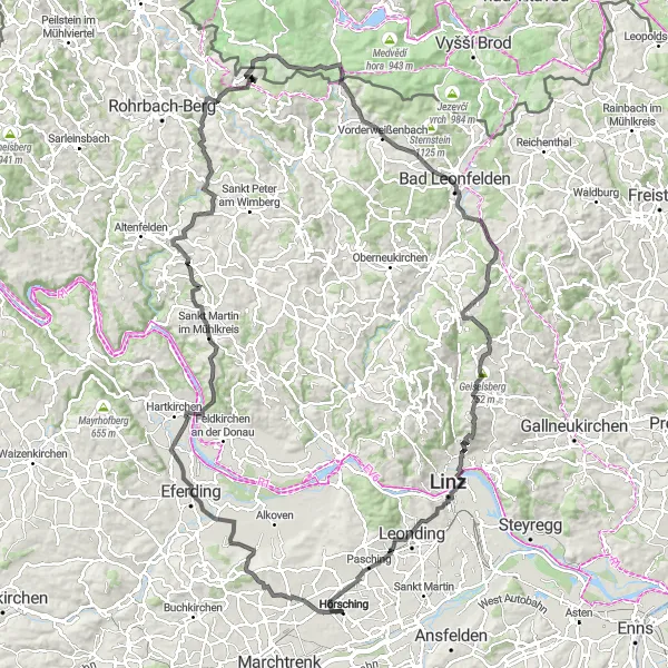 Karttaminiaatyyri "Vuoristoja ja linnoja" pyöräilyinspiraatiosta alueella Oberösterreich, Austria. Luotu Tarmacs.app pyöräilyreittisuunnittelijalla