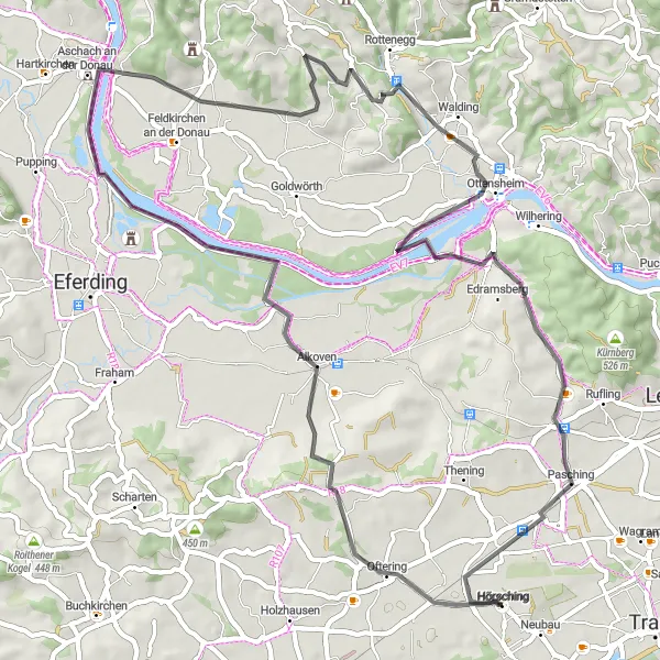 Miniatuurkaart van de fietsinspiratie "Kastelen en natuur rond Hörsching" in Oberösterreich, Austria. Gemaakt door de Tarmacs.app fietsrouteplanner