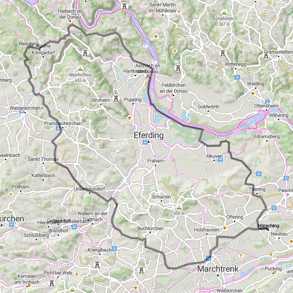 Miniatuurkaart van de fietsinspiratie "Wegroute Hörsching-Buchkirchen-St. Agatha" in Oberösterreich, Austria. Gemaakt door de Tarmacs.app fietsrouteplanner