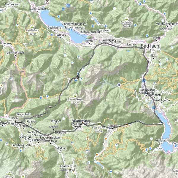 Karttaminiaatyyri "Maantieajo: Bad Goisernin ympäri" pyöräilyinspiraatiosta alueella Oberösterreich, Austria. Luotu Tarmacs.app pyöräilyreittisuunnittelijalla