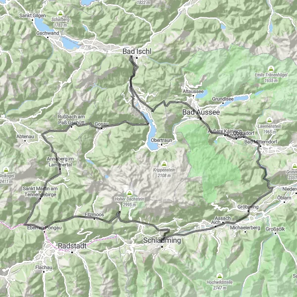 Miniature de la carte de l'inspiration cycliste "Tour Routier à travers les Montagnes Autrichiennes" dans la Oberösterreich, Austria. Générée par le planificateur d'itinéraire cycliste Tarmacs.app