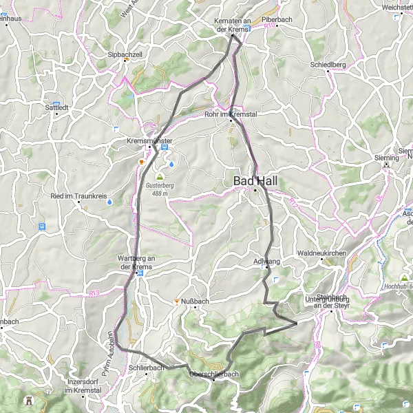 Miniaturní mapa "Cyklotrasa skrze malebné Kematen an der Krems" inspirace pro cyklisty v oblasti Oberösterreich, Austria. Vytvořeno pomocí plánovače tras Tarmacs.app