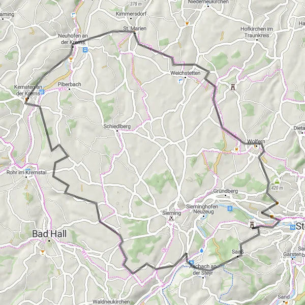 Kartminiatyr av "Utforsk naturskjønne omgivelser langs "Leitnerberg" og "Aschach an der Steyr"" sykkelinspirasjon i Oberösterreich, Austria. Generert av Tarmacs.app sykkelrutoplanlegger