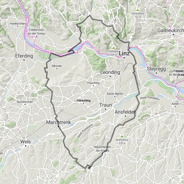 Karttaminiaatyyri "Traun Cycling Challenge" pyöräilyinspiraatiosta alueella Oberösterreich, Austria. Luotu Tarmacs.app pyöräilyreittisuunnittelijalla