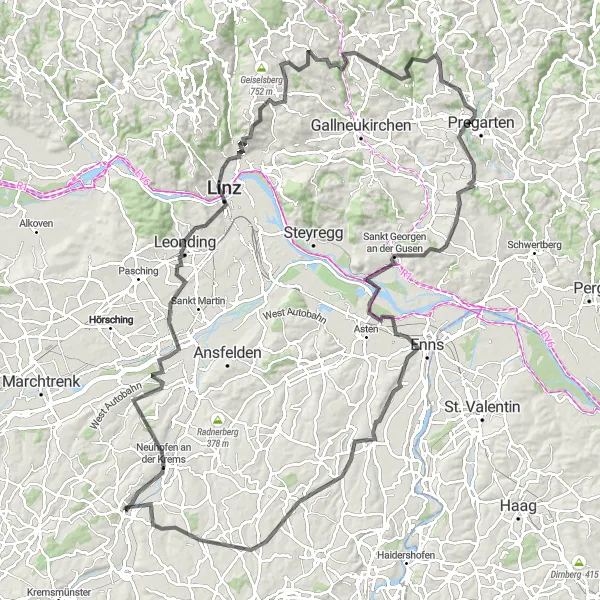 Zemljevid v pomanjšavi "Kematen an der Krems - Linz - Altenberg bei Linz - Piberbach" kolesarske inspiracije v Oberösterreich, Austria. Generirano z načrtovalcem kolesarskih poti Tarmacs.app