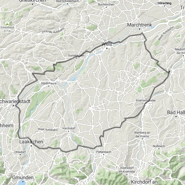 Zemljevid v pomanjšavi "Kematen an der Krems - Schloss Irnharting - Eggendorf im Traunkreis" kolesarske inspiracije v Oberösterreich, Austria. Generirano z načrtovalcem kolesarskih poti Tarmacs.app
