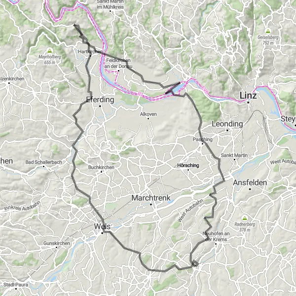 Miniatura della mappa di ispirazione al ciclismo "Tour in bicicletta tra Marienwarte e Dambach" nella regione di Oberösterreich, Austria. Generata da Tarmacs.app, pianificatore di rotte ciclistiche