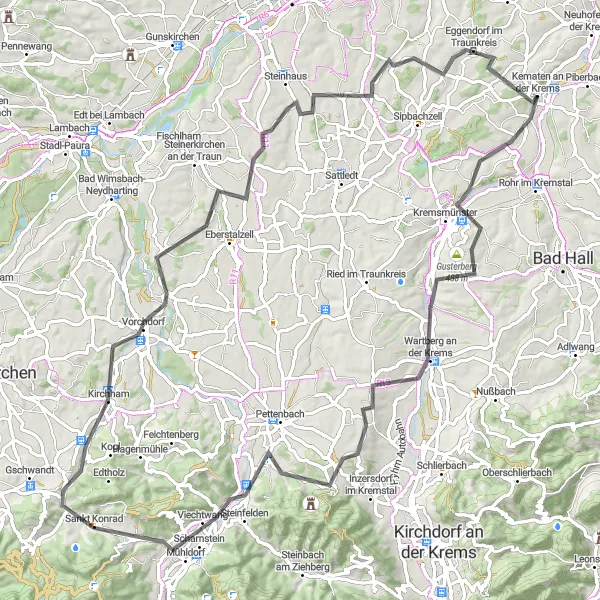 Miniature de la carte de l'inspiration cycliste "Aventure nature de Scharnstein à Eggendorf im Traunkreis" dans la Oberösterreich, Austria. Générée par le planificateur d'itinéraire cycliste Tarmacs.app