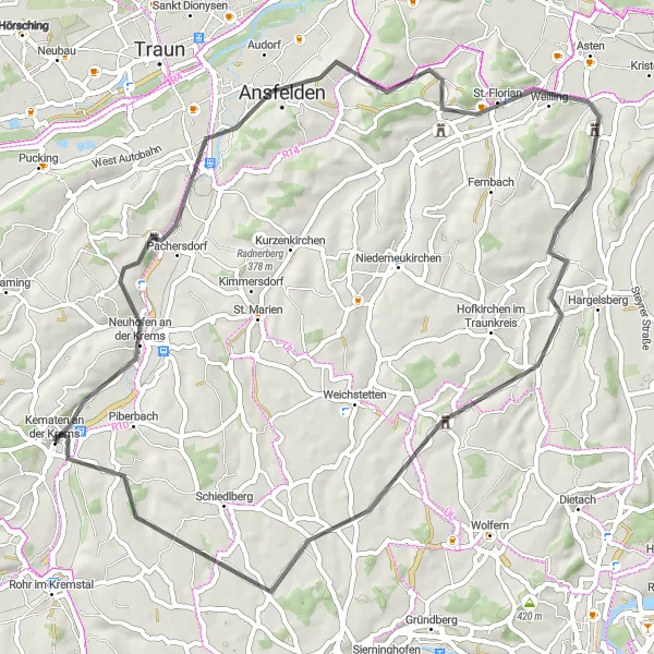 Map miniature of "The Ansfelden Spin" cycling inspiration in Oberösterreich, Austria. Generated by Tarmacs.app cycling route planner