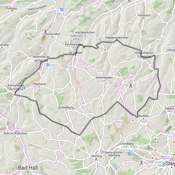 Miniaturní mapa "Okružní cyklistická trasa kolem Kematen an der Krems" inspirace pro cyklisty v oblasti Oberösterreich, Austria. Vytvořeno pomocí plánovače tras Tarmacs.app