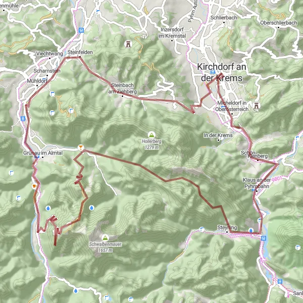 Miniature de la carte de l'inspiration cycliste "Parcours Gravel des Montagnes et Lacs de Haute-Autriche" dans la Oberösterreich, Austria. Générée par le planificateur d'itinéraire cycliste Tarmacs.app