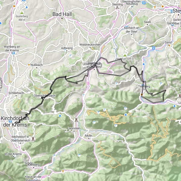 Miniature de la carte de l'inspiration cycliste "Exploration des collines autour de Ternberg" dans la Oberösterreich, Austria. Générée par le planificateur d'itinéraire cycliste Tarmacs.app