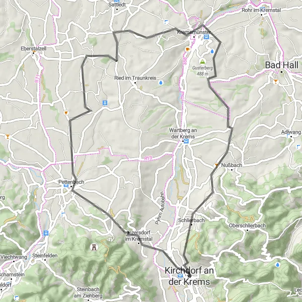 Miniaturní mapa "Cyklotrasa skrz malebnou krajinu" inspirace pro cyklisty v oblasti Oberösterreich, Austria. Vytvořeno pomocí plánovače tras Tarmacs.app