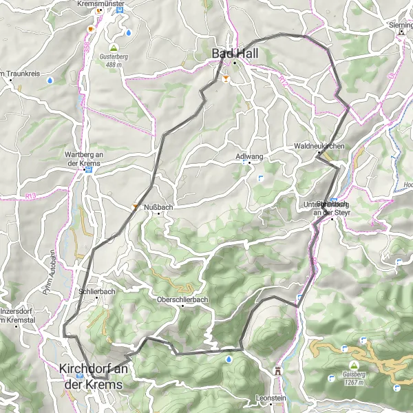 Miniaturní mapa "Okružní cyklistická trasa kolem Kirchdorfu an der Krems" inspirace pro cyklisty v oblasti Oberösterreich, Austria. Vytvořeno pomocí plánovače tras Tarmacs.app