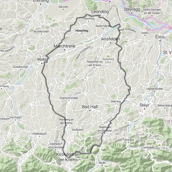 Miniatua del mapa de inspiración ciclista "Expedición en bicicleta por Burg Wels y Steinbach an der Steyr" en Oberösterreich, Austria. Generado por Tarmacs.app planificador de rutas ciclistas