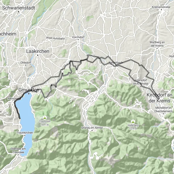 Map miniature of "Lake District Roads and Scenic Views" cycling inspiration in Oberösterreich, Austria. Generated by Tarmacs.app cycling route planner