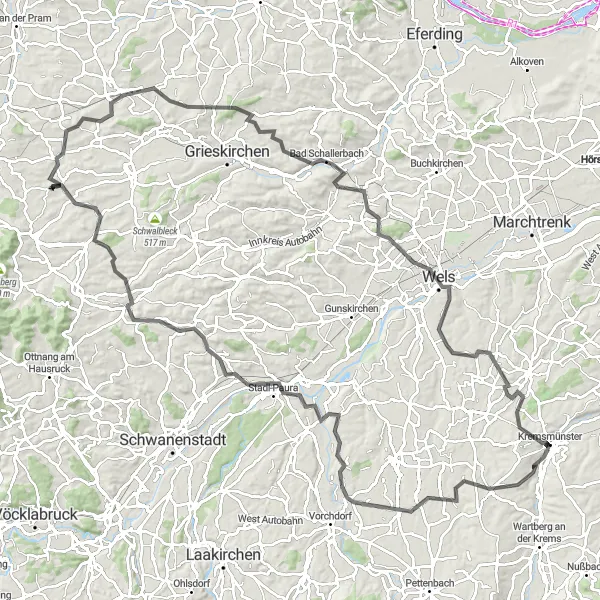 Miniature de la carte de l'inspiration cycliste "Voyage à travers la campagne autrichienne" dans la Oberösterreich, Austria. Générée par le planificateur d'itinéraire cycliste Tarmacs.app