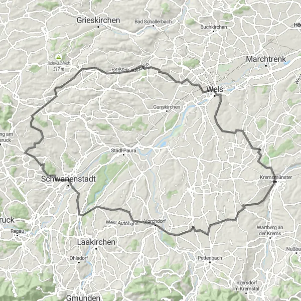 Miniatua del mapa de inspiración ciclista "Ruta de Ciclismo de Kremsmünster a Wels" en Oberösterreich, Austria. Generado por Tarmacs.app planificador de rutas ciclistas