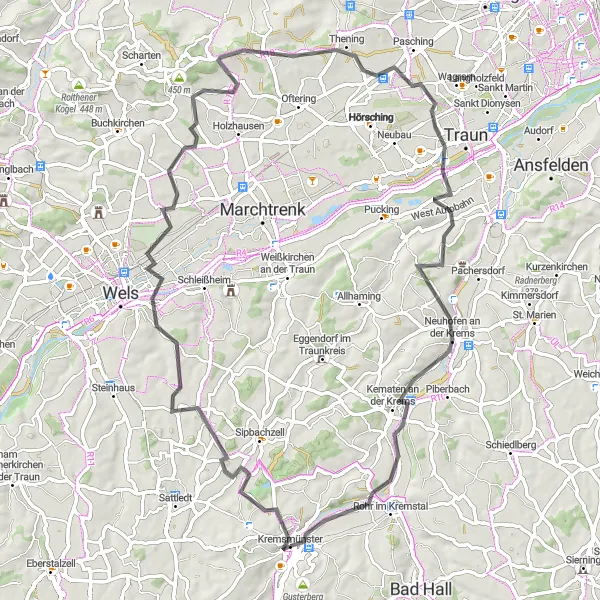 Miniatua del mapa de inspiración ciclista "Ruta Histórica de Kremsmünster al Castillo Kremsegg" en Oberösterreich, Austria. Generado por Tarmacs.app planificador de rutas ciclistas