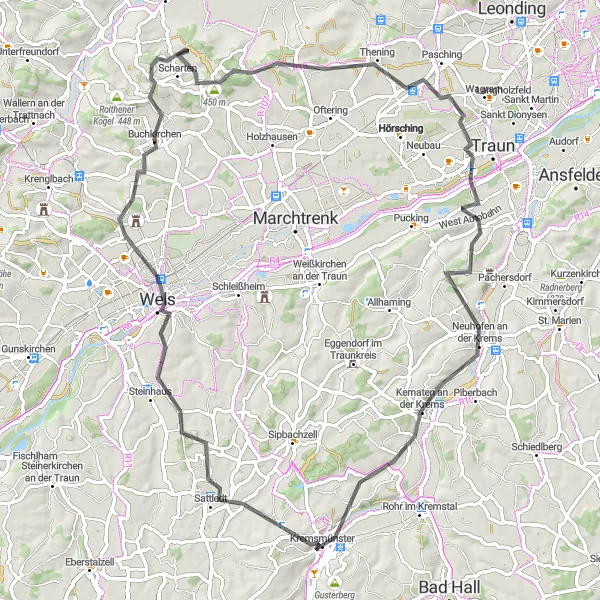 Miniatua del mapa de inspiración ciclista "Ruta Cultural de Wels a Neuhofen an der Krems" en Oberösterreich, Austria. Generado por Tarmacs.app planificador de rutas ciclistas