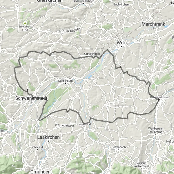 Miniatua del mapa de inspiración ciclista "Ruta Escénica de Kremsmünster a Gunskirchen" en Oberösterreich, Austria. Generado por Tarmacs.app planificador de rutas ciclistas